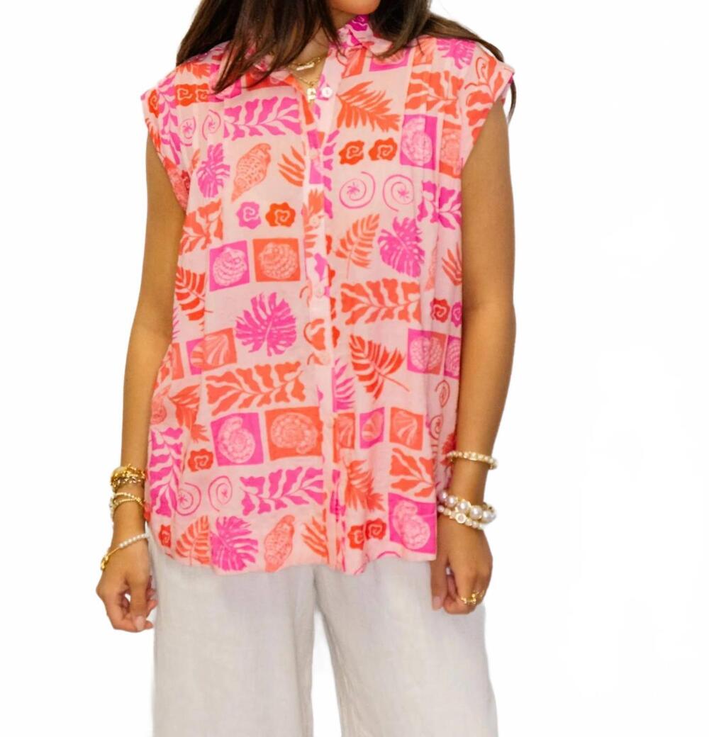 NEW FATE tropical button up top in pink